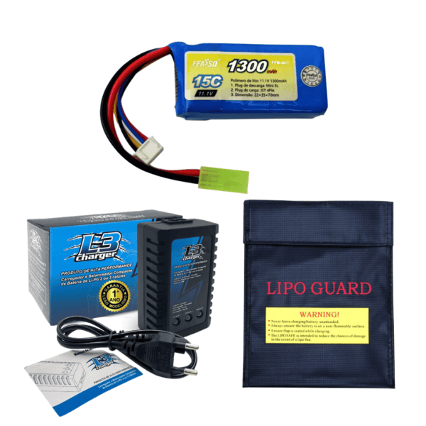 COMBO Bateria Lipo Airsoft- 11.1V (1S) Feasso + Carregador de Bateria L3 Leão + Capa Armazenagem Bateria