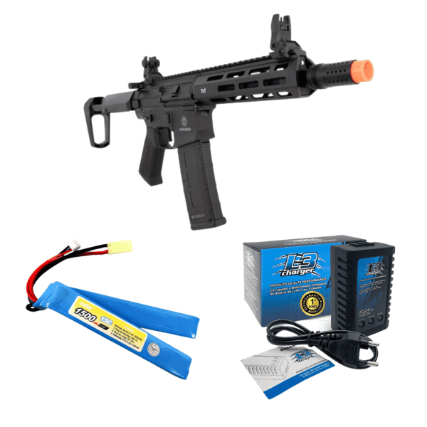 COMBO Rifle de Airsoft Poseidon M4 PDW Punisher 2 6mm + Bateria Feasso 7.4v (2S) + Carregador de Bateria L3