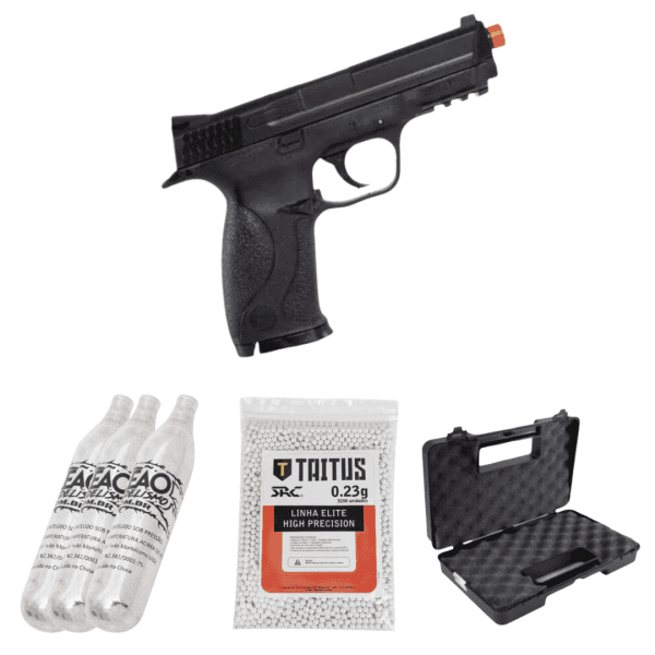 COMBO Pistola de Airsoft CO2 6mm KWC MP40 + 3x CO2 12g Leão + BBs Taitus 0.23g + Case Eagle