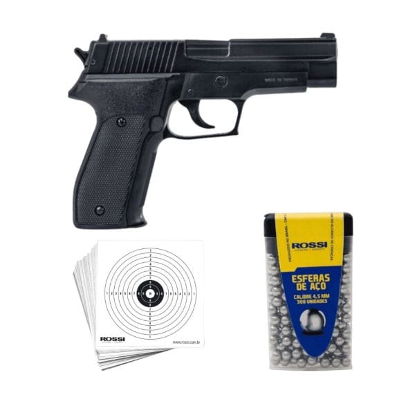 Combo Pistola de Pressão KWC P226 4,5mm Spring + Esfera de Aço Rossi 4,5mm + Alvos