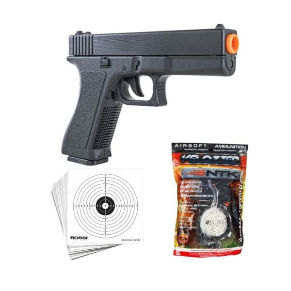 Combo Pistola de Airsoft Rossi Spring GK-V307 6mm + BBs Velozter 0.12g + Alvos