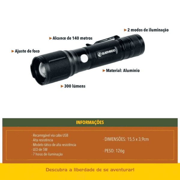 Lanterna Tática Recarregável Attack 300 Lúmens Guepardo - Imagem 5