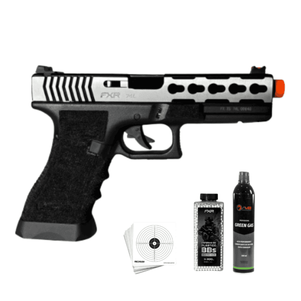 Pistola de Airsoft GBB Double Bell 74L Glock Silver 6mm + Green Gás + BBs + Alvos
