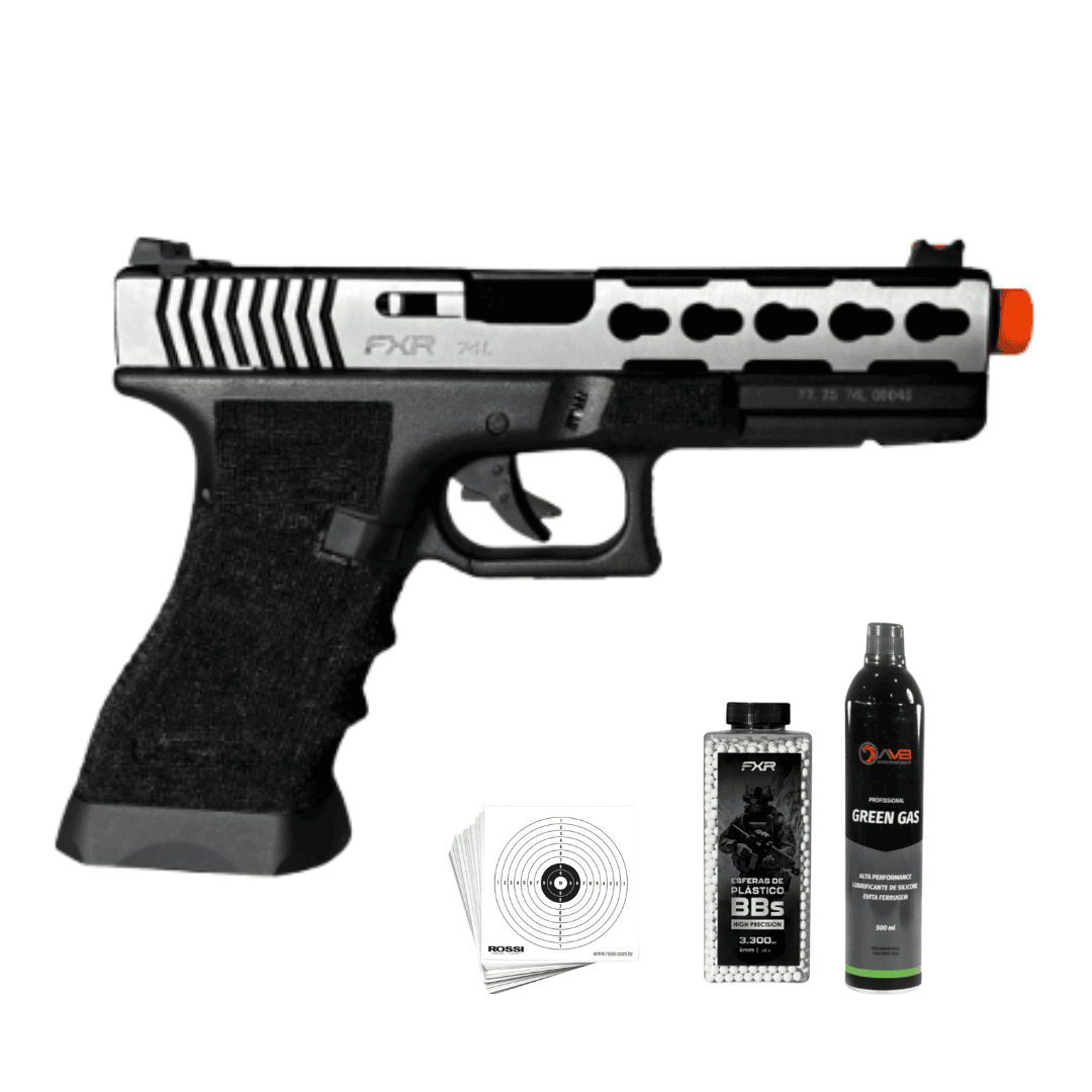 Pistola de Airsoft GBB Double Bell 74L Glock Silver 6mm + Green Gás + BBs + Alvos